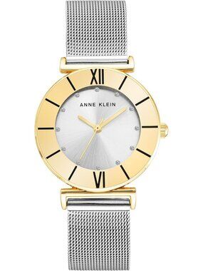 Women's Silver Gold Analog Japanese Quartz Glitter Accented Mesh Bracelet Watch